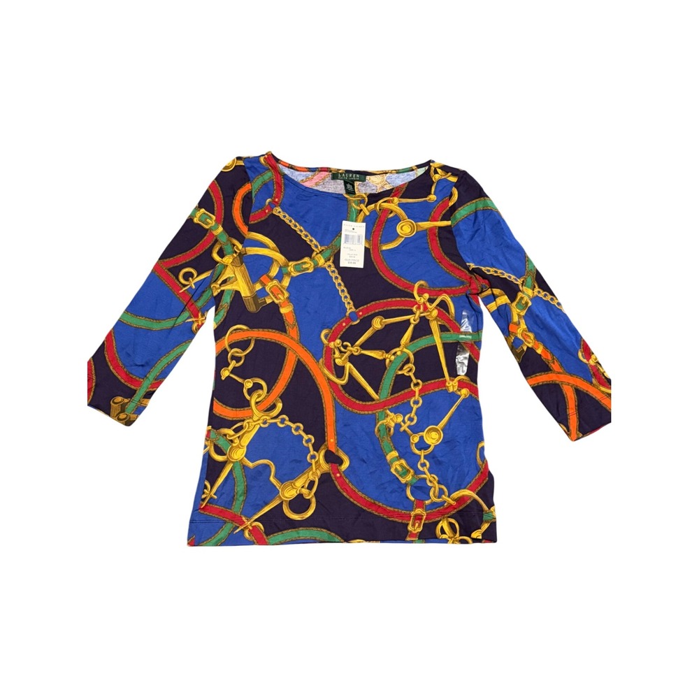 Lauren Ralph Lauren Women Blue Equestrian Chain Print Cotton Top NWT Large